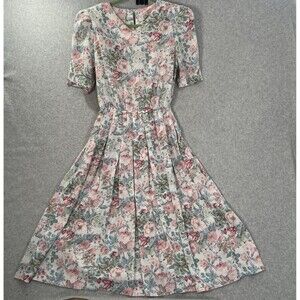 Vintage 80s Pellini Petites Pink floral print pleated a-line dress 7/8P cottage